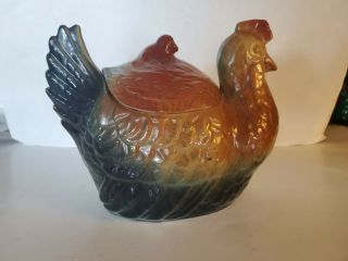 Vintage Fapco Usa 50s Cookie Jar W/ Chicken & Chick,  Fredericksburg Art Pottery