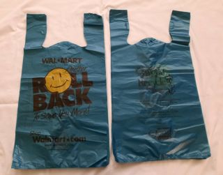 5 Vtg Walmart Blue Plastic Shopping Bags 2001 Roll Back Smiley Face