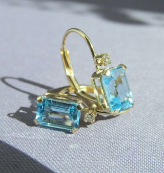Vintage S 14k Yellow Gold Emerald Cut Blue Topaz Diamond Stack Pierced Earrings