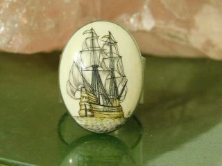 Antique Scrimshaw Etched Tall Sailing Ship Sterling Silver Ring 90