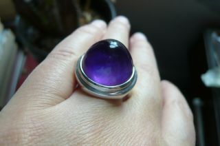 Vintage Modernist Cabochon Amethyst And Silver Ring