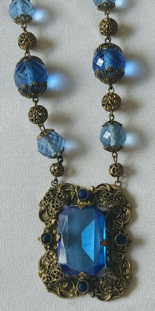 Antique Vintage Faceted Art Deco Czech Blue Glass Brass Filigree Spacer Necklace