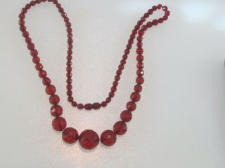 Antique Faceted Cherry Amber Bakelite 30 " Long Necklace 46 Grams