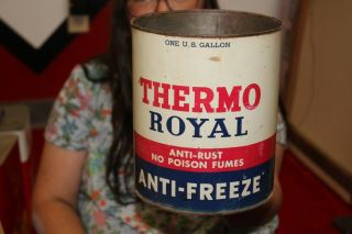 Vintage Thermo Royal Anti - Freeze Oil 1 Gallon Metal Can Gas Station Sign