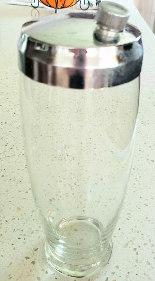 Vintage Mid Century Tall Cocktail Shaker,  Clear Glass,  Chrome Lid & Cap Read