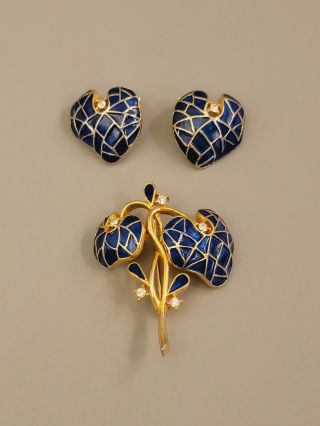 Signed Polcini Vtg Set Brooch Clips Earrings Blue Enamel Clear Crystal Gold Tone
