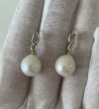 9ct Gold And Silver Rose Cut Diamonds And Baroque Pearl Drop Dangly Earrings