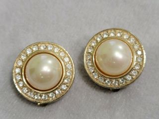 Vintage Signed Christian Dior Germany Faux Pearl And Crystals Clip On Earrings