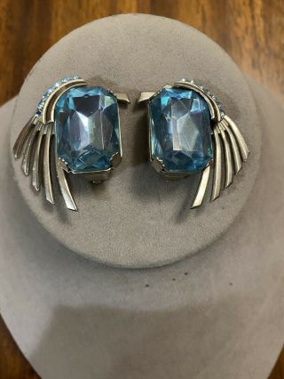 Vintage Zoe Coste France Blue Rhinestone Silver Tone Clip On Earrings