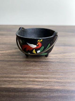 Mini Cast Iron Cauldron Kettle Pot With Handle Hand Painted Bird