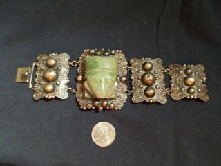 Chunky Mexican Aztec Carved Jade Tribal Mask Sterling Link Bracelet Signed