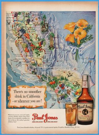 1950 Paul Jones Whiskey California Map Retro Bar Decor Liquor Awesome Art Ad