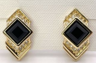 Vintage Christian Dior Gold Tone Cut Black Glass Rhinestone Clip On Earrings