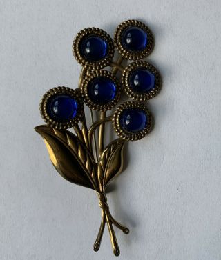 Vintage 1940s Xl Sapphire Blue Stone Floral Bouquet Brooch Gold Color