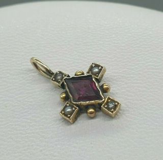 Antique Art Deco 9k 9ct Yellow Gold Rhodolite Garnet And Seed Pearl Pendant