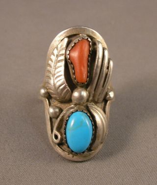 Signed Hm Henry Mariano Navajo Indian Sterling Turquoise & Coral Ring Size 8 - 1/2
