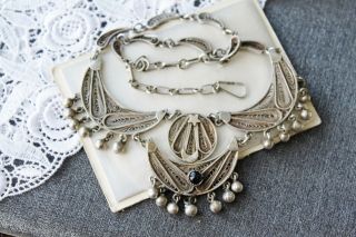 Middle Eastern Vintage Sterling Filigree Statement Dangle Charm Necklace