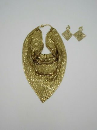Vintage Whiting & Davis Gold Mesh Bib Necklace,  Earring Set