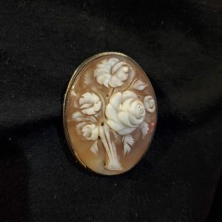 800 Sterling Silver Shell Cameo Pendant Pin W Floral Arrangement Roses Lilies 1.