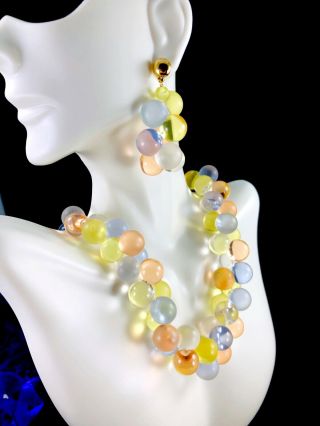Dazzling Monet Wisteria Pastel Lucite Bubble Bead 19 " Necklace Post Earrings Set