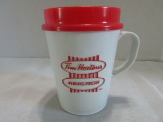 Tim Hortons Donut Old Red & White Plastic " Always Fresh " Travel Mug Cup 8 Oz