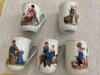 Norman Rockwell Museum Set Of 5 Mugs,  Cups Vintage 1982 Gold Trim Collectible