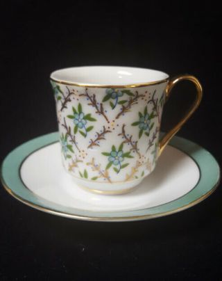 Vtg Porcelain Demitasse Cup & Saucer Set,  Hand Painted Blue Flowers W/gold Trim