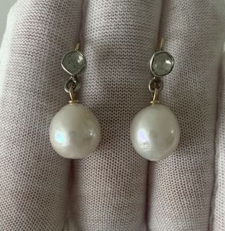 9ct Gold And Silver Rose Cut Diamond Baroque Pearl Drop Dangly Earrings