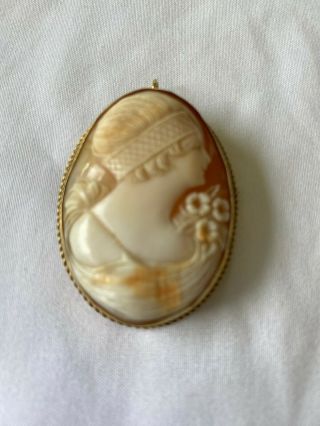 1920’s Carved Shell Cameo Of A Woman With Flapper Headband In 14k Gold Surround