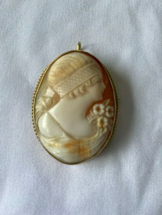 1920’s Carved Shell Cameo Of A Woman With Flapper Headband In 14K Gold Surround 2