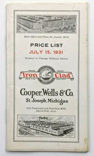 1931 St Joseph Michigan Mi Cooper Wells Co Iron Clad Hosiery Price List Booklet