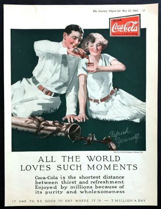 1926 Man & Woman Golfing Art " World Loves Such Moments " Coca - Cola Promo Print Ad