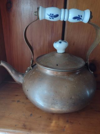 Odi Solid Copper Tea Pot Kettle Porcelain Handle & Knob Portugal Vintage
