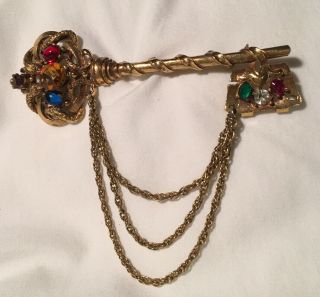 Vintage Key Brooch/huge 4 1/2”x4”/snakes/rhinestones/ 877/coro?trifari?