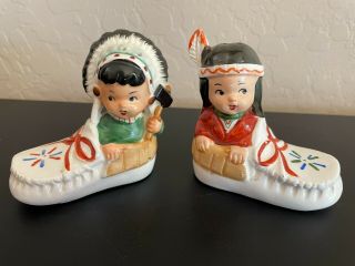 Vintage Native American Kids In Moccasins Salt & Pepper Shakers