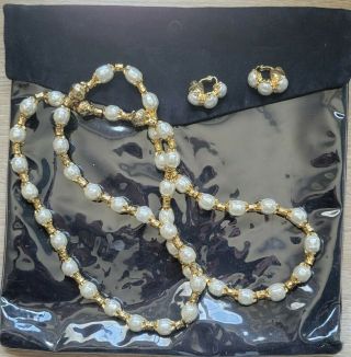 Signed St Saint John Gold Tone Pearl Necklace 34 " Earrings Set Clip - On Magnetic