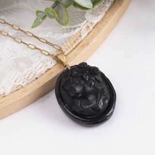 Victorian Black Jet High Relief Mourning Cameo Pendant On 12k Gf 18 " Chain