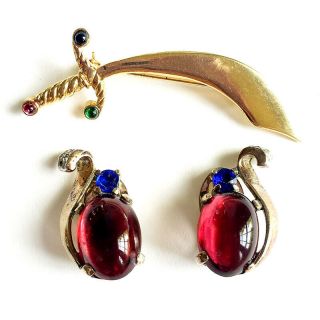 Crown Trifari Philippe Gripoix Jelly Belly Sterling Earrings Moghul India Brooch