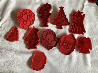 Vintage Set Of 10 Red Plastic Winter/christmas Cookie Cutters W/handles