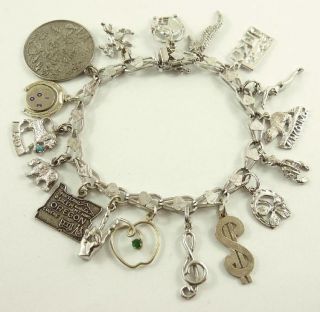 Vintage Sterling Silver Charm Bracelet With Safety Clasp 17 Charms