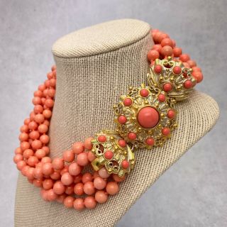 Jose & Maria Barrera Gold Plated Coral Enamel Dyed Dolomite Bead Strand Necklace