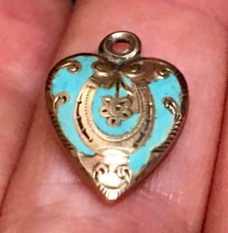 Lovely Victorian 10k Turquoise Enamel Puffy Heart Charm Pendant