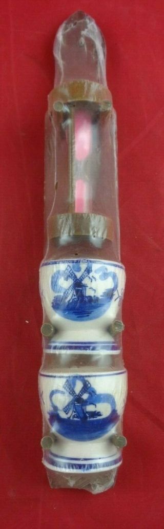 Vintage Blue And White Egg Cups And Timer With Wall Wood Mounted Holder