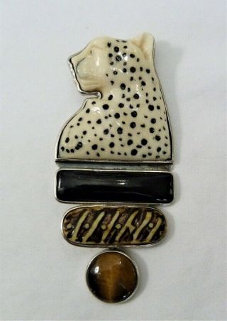 3 3/4 " Akr Amy Kahn Russell Sterling Silver Carved Bone Snow Leopard Pin Pendant