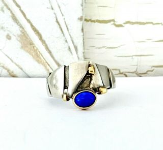 Old Mid Century Modernist Sterling Silver 18k Gold Lapis Size 8 Band Ring