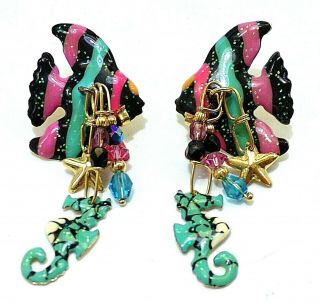 Lunch At The Ritz Pierced / Post Fish Seahorse Earrings Designer Signed 2 3/8 " L