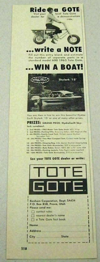 1963 Print Ad Tote Gote Motorcycle Hydro Swift Skylark 15 Boat Provo,  Utah