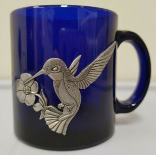 Vintage Usa Cobalt Blue Glass Heritage Pewter Hummingbird Mug