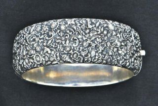 Antique Arts & Crafts Sterling Silver Repousse Hinged Bangle Bracelet,  " S&s Std "