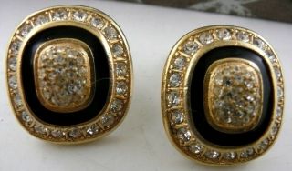 Vintage Christian Dior Gold Tone Black Rhinestone Clip On Earrings